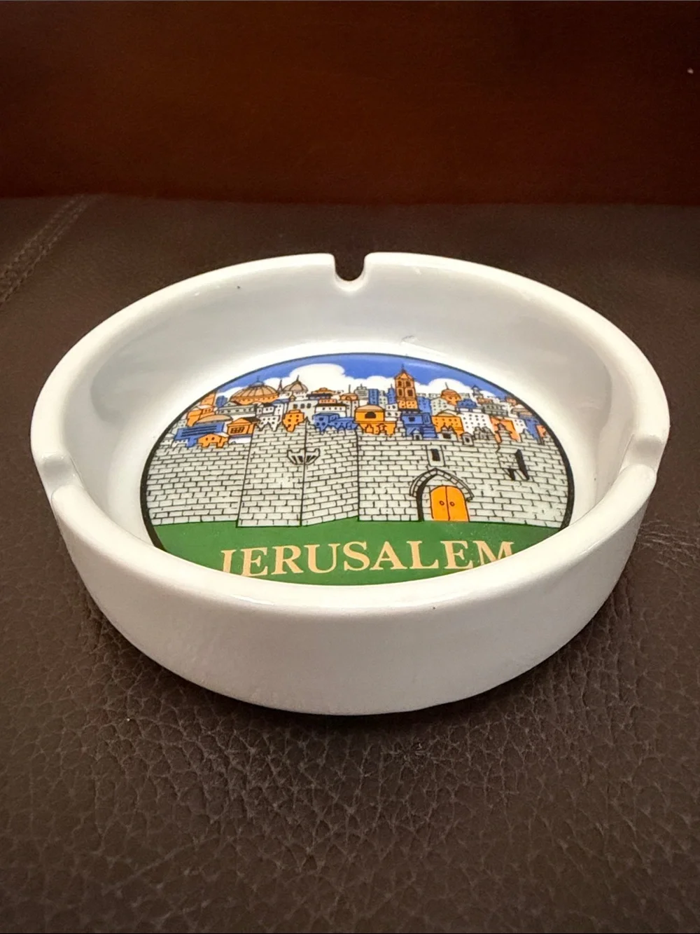 Vtg Ceramic Ashtray w/Hand-Painted Graphic of the Jerusalem City Gates & Skyline